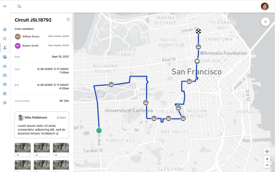 Circuit detail: full route replay with GPS trail, crew, and geotagged photos.